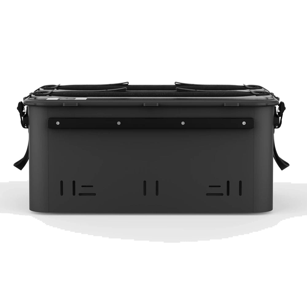 RUX 40L black adventure gear box side view with lid straps and rugged storage features