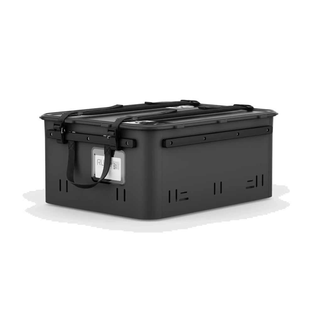 RUX 40L black camping gear storage container rear side view with RFID label window