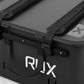 RUX 40L black camping storage box close-up of lid rail, buckle, straps, and RUX branding