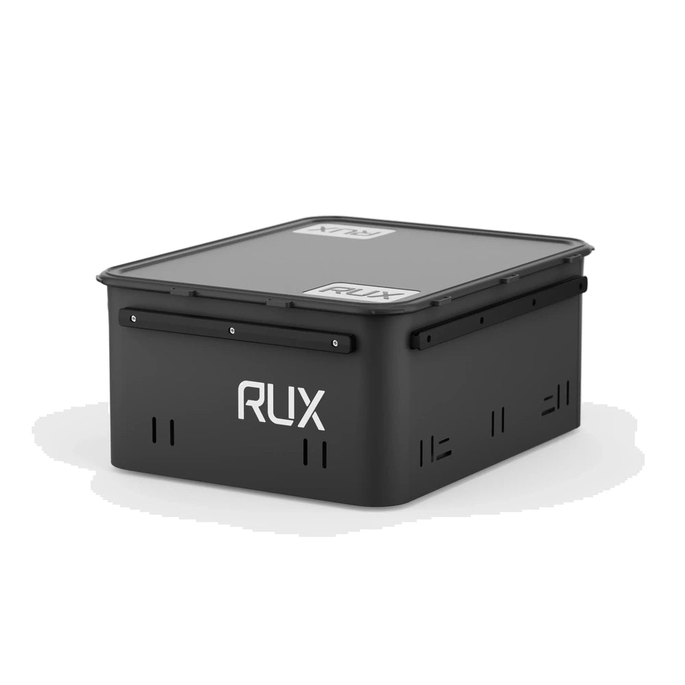 RUX 40L black hard sided gear box with closed lid in an angled ecommerce product view