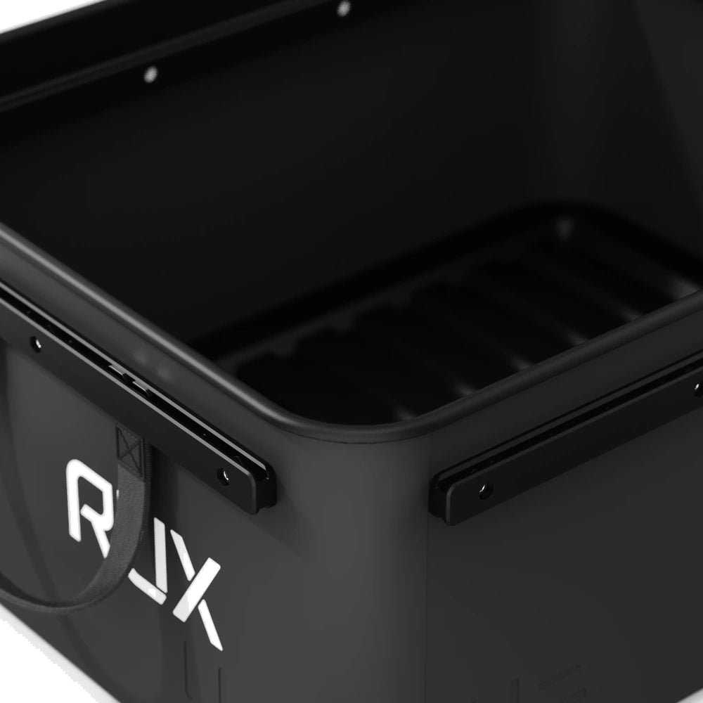 RUX 40L black open camping storage bin interior close-up showing rim and durable container construction