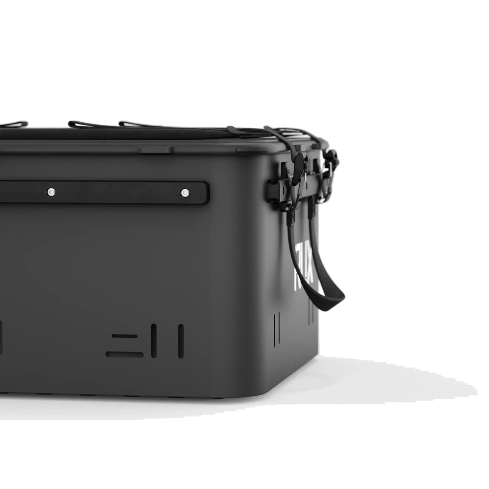 RUX 40L black outdoor storage container side rail and carry handle detail for modular gear storage