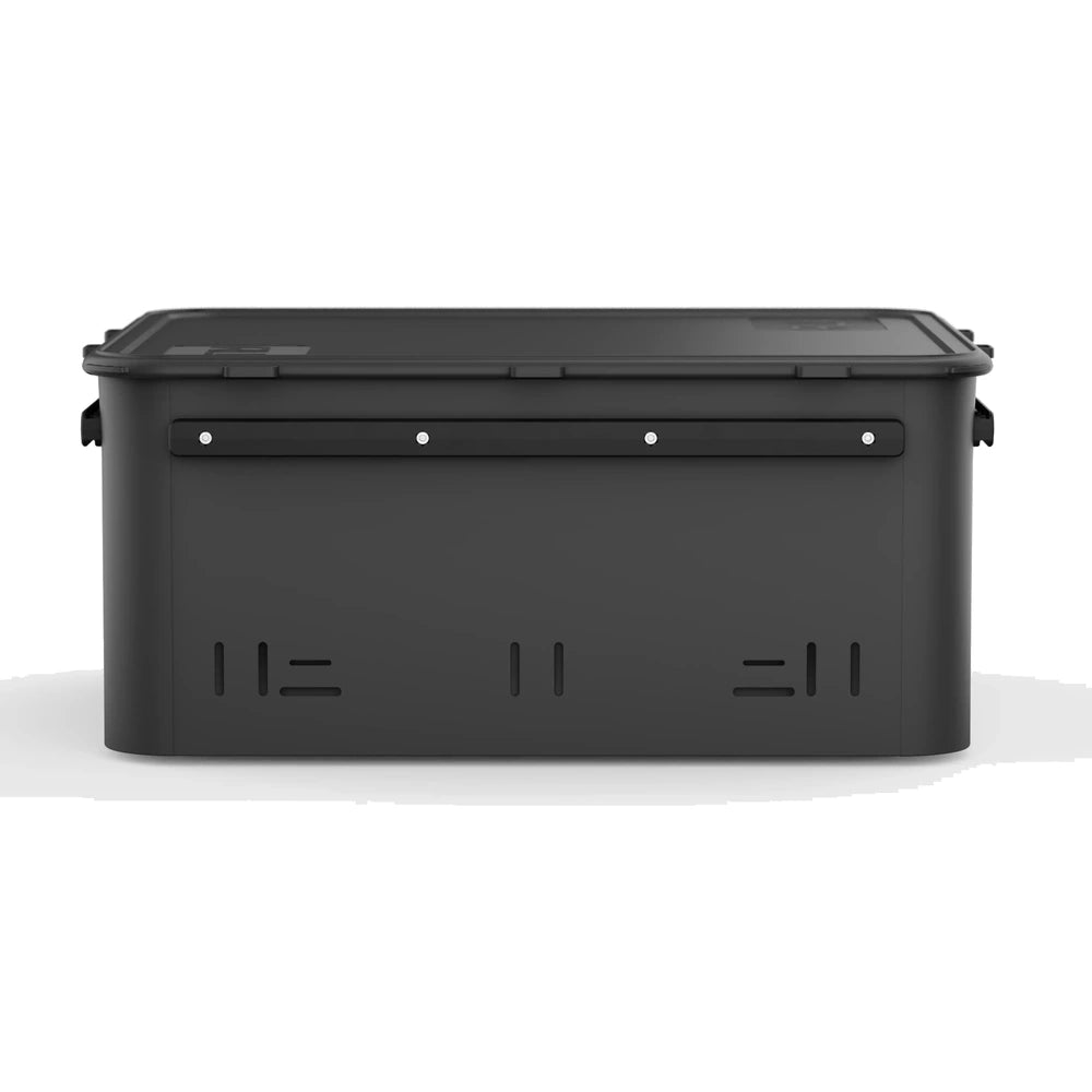 RUX 40L black overland storage bin long side profile view for vehicle and camping gear storage