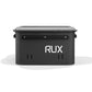 RUX 40L black stackable gear storage box front view with closed lid and clean white background