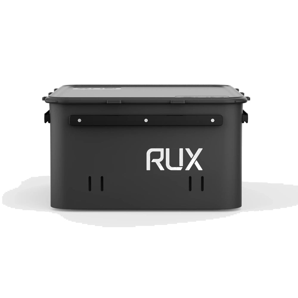 RUX 40L black stackable gear storage box front view with closed lid and clean white background