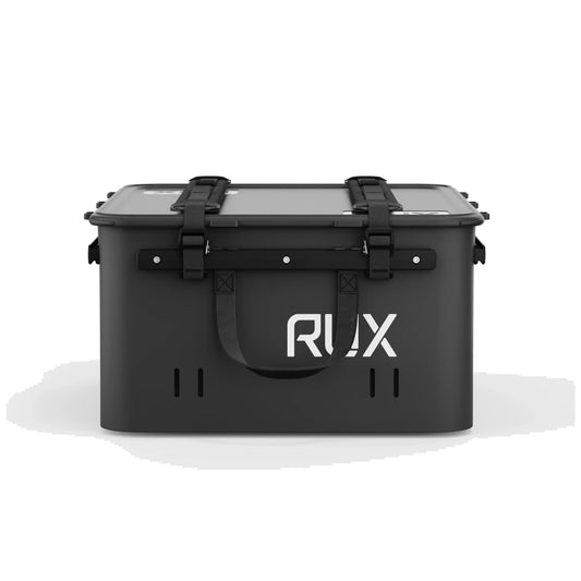RUX 40L black waterproof gear storage container front view with lid straps for camping and overland gear