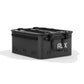 RUX 40L black waterproof storage box side angle view with RUX logo for outdoor gear organization