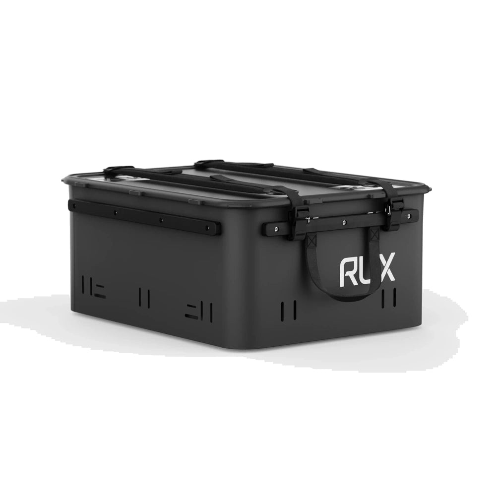 RUX 40L black waterproof storage box side angle view with RUX logo for outdoor gear organization