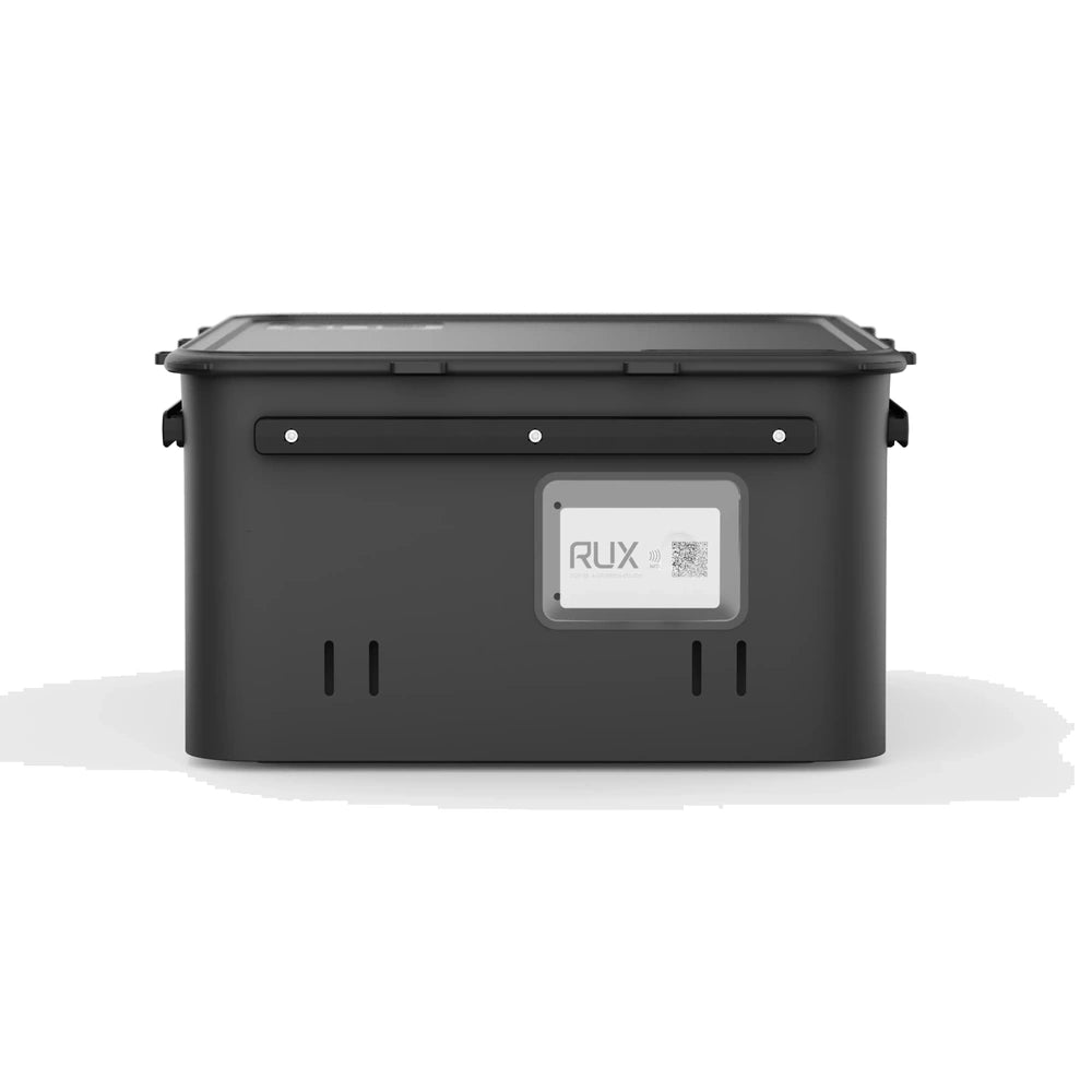 RUX 40L black waterproof storage container rear view with RFID label window for gear identification