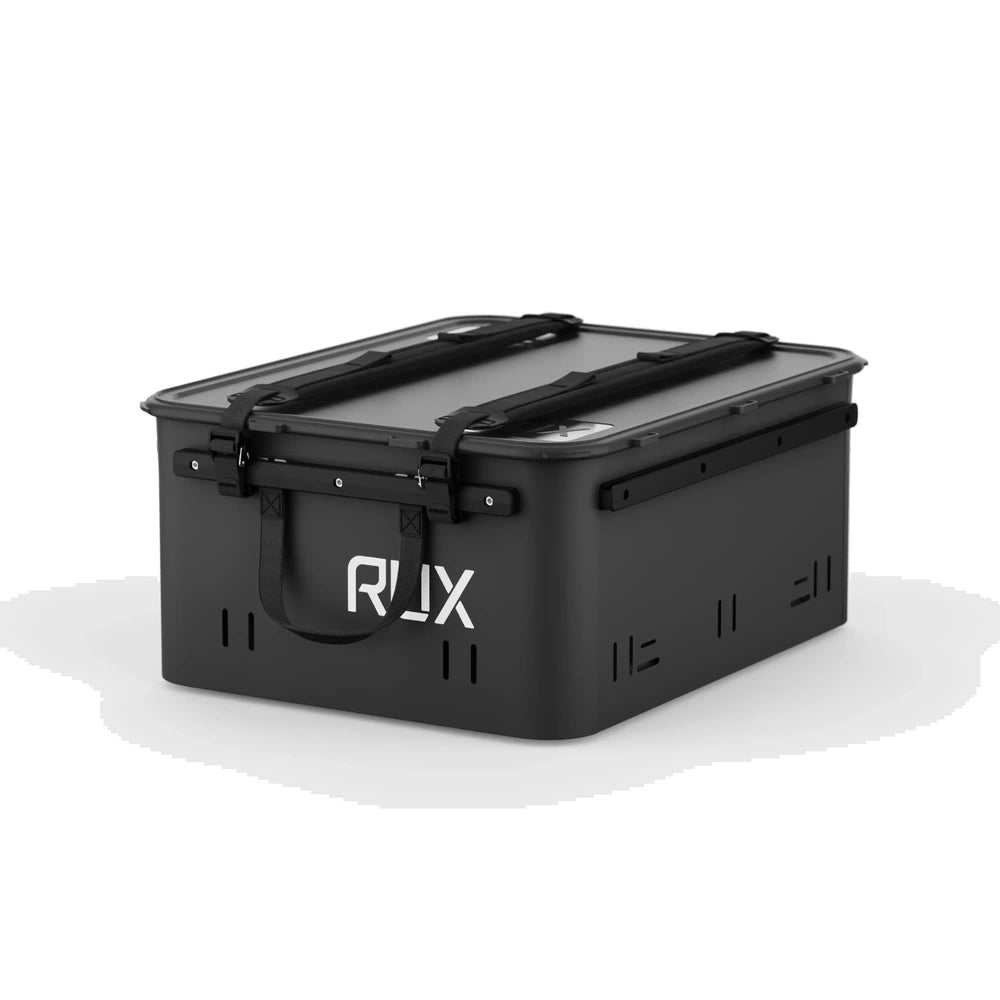 RUX 40L black weatherproof adventure storage container with top straps and carry handles