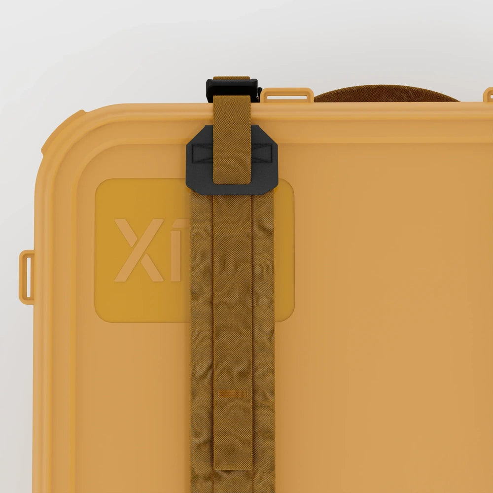 RUX 40L collapsible gear box in bronze color featuring buckle detail collapsible gear container