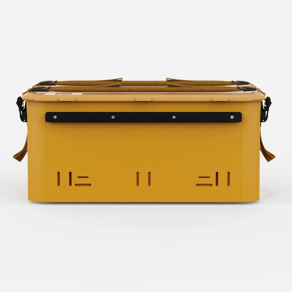 RUX 40L collapsible gear box in bronze color featuring camping lifestyle waterproof storage box