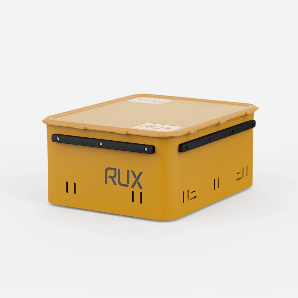 RUX 40L collapsible gear box in bronze color featuring closed lid storage box side angle