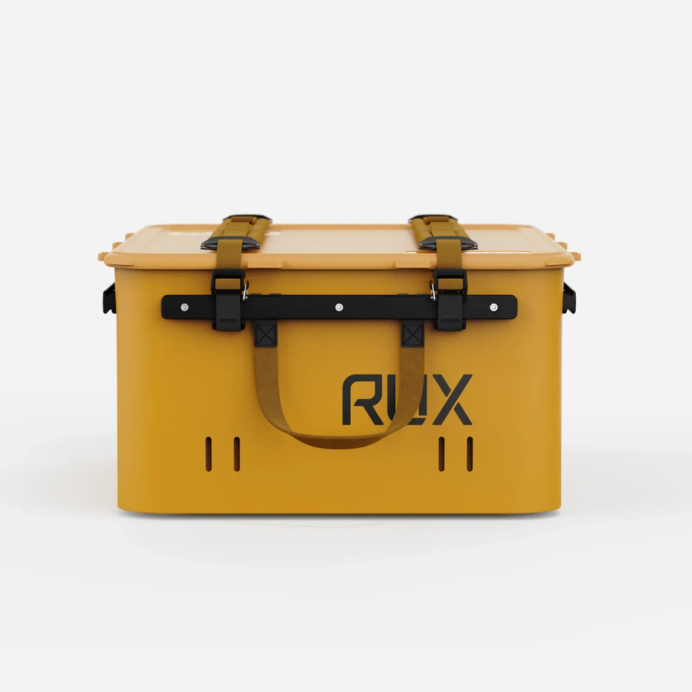 RUX 40L collapsible gear box in bronze color featuring front view waterproof collapsible storage box