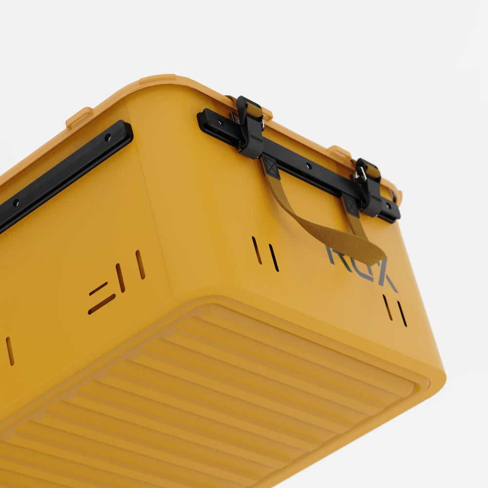 RUX 40L collapsible gear box in bronze color featuring lid strap detail waterproof storage box