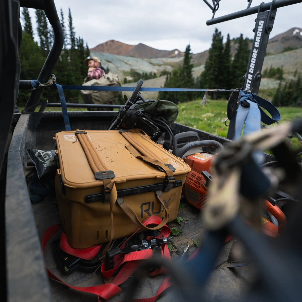 RUX 40L collapsible gear box in bronze color featuring outdoor utv camping storage lifestyle