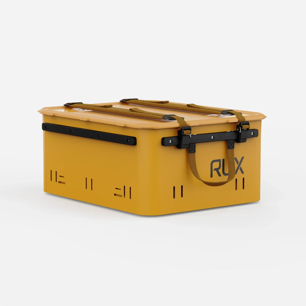 RUX 40L collapsible gear box in bronze color featuring rear angle waterproof storage box