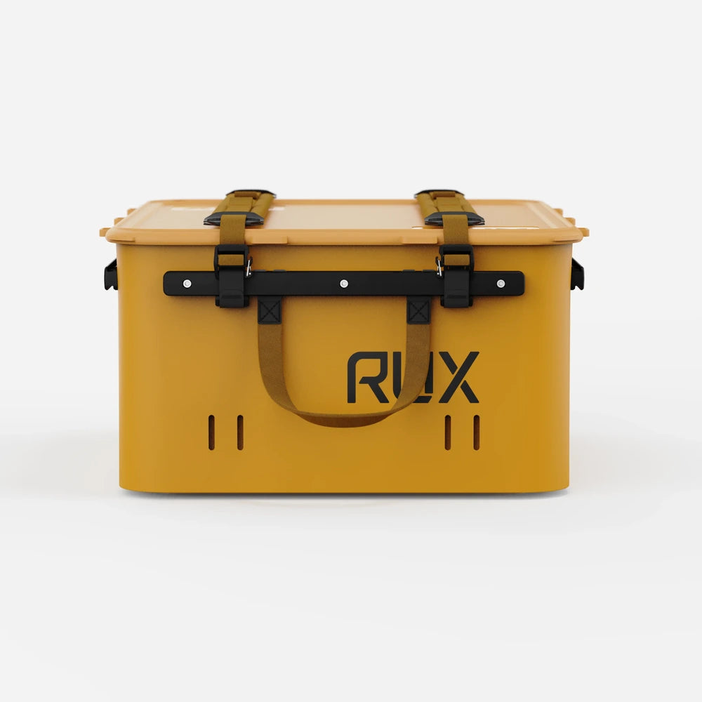 RUX 40L collapsible gear box in bronze color featuring side view waterproof gear box