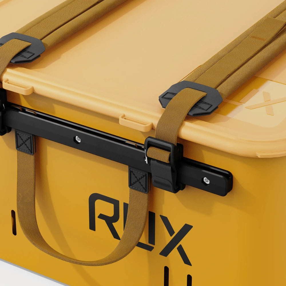 RUX 40L collapsible gear box in bronze color featuring top down view waterproof storage box