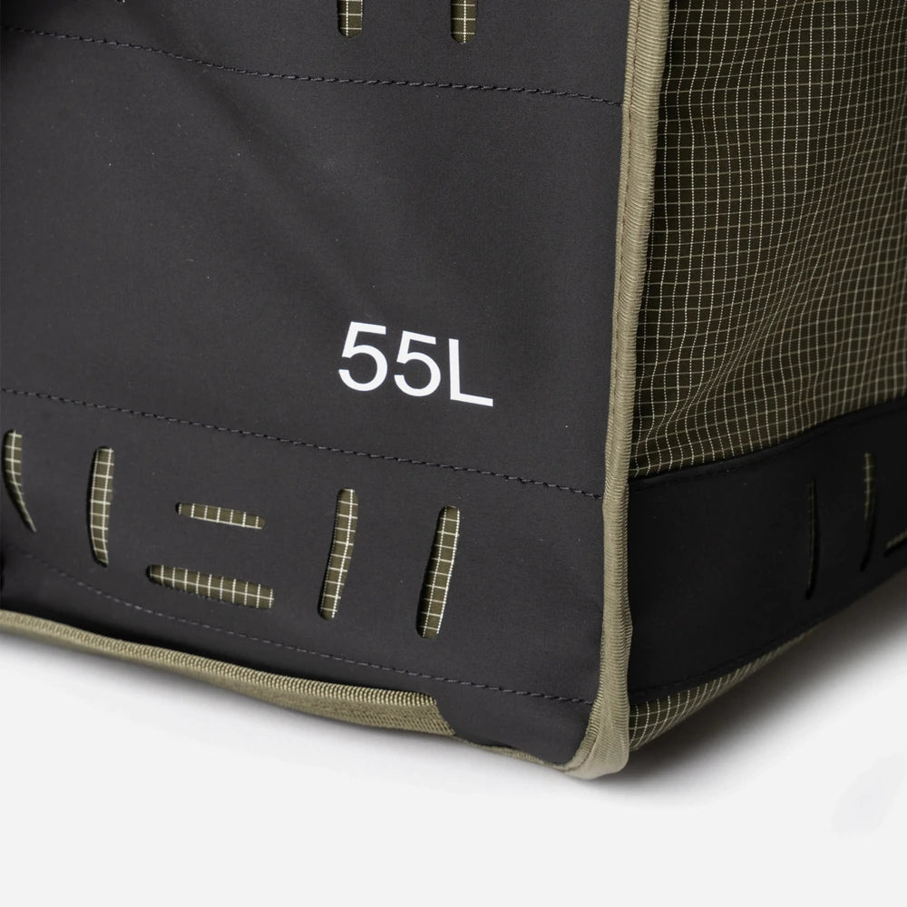 RUX 55L Duffle Box closeup with attachment positions and  logo. 