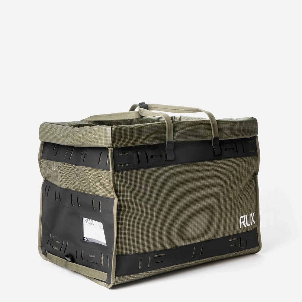 RUX 55L Duffle Box rear angle with straps down. 