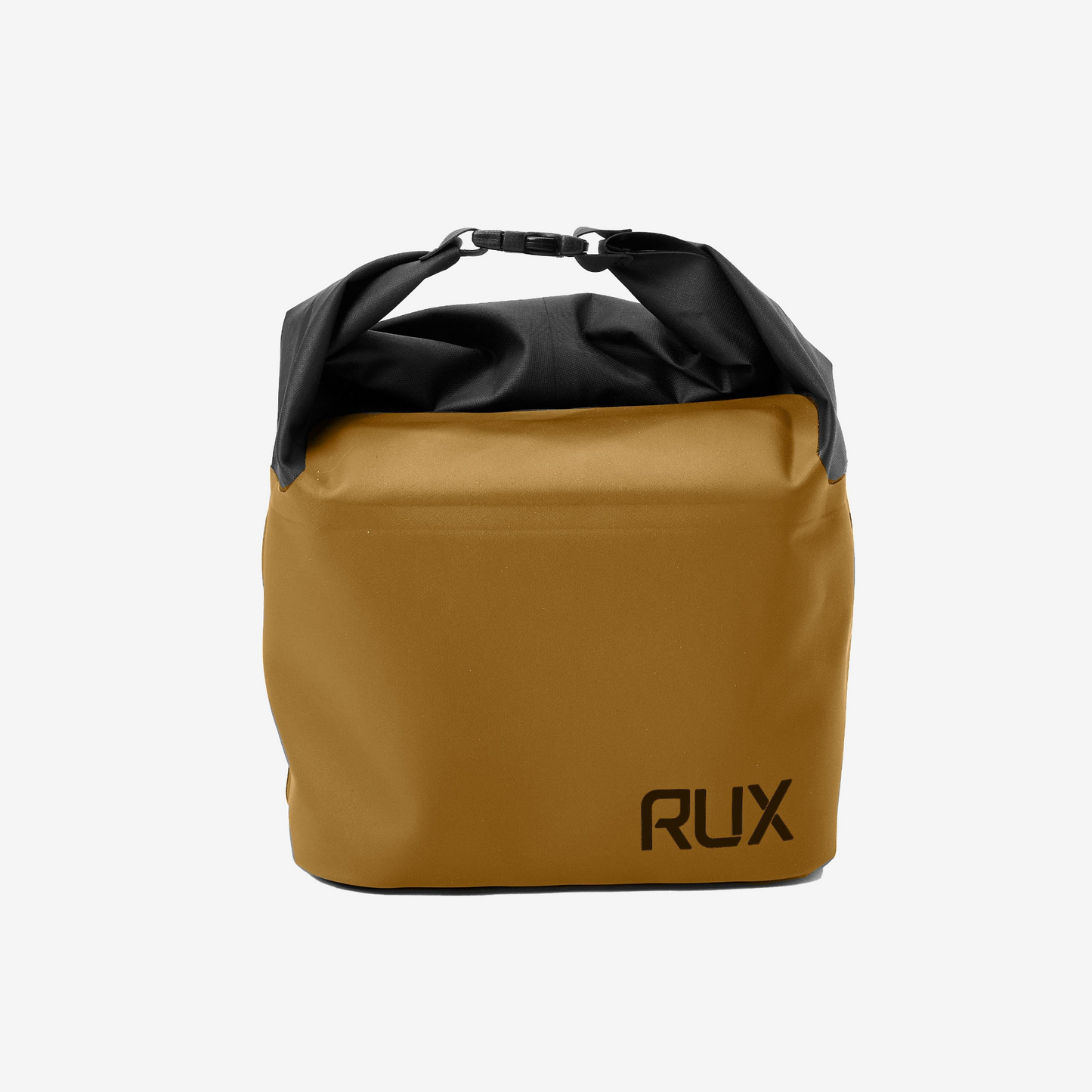 RUX 5L Cooler in bronze, front view with black roll-top closure and RUX logo.