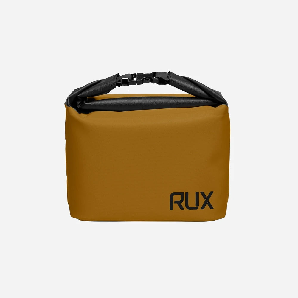 RUX 5L Cooler in bronze, front view with black roll-top handle and RUX logo.