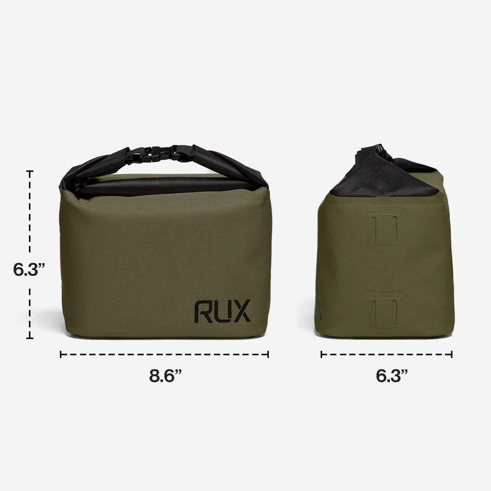RUX 5L Cooler in olive green with dimension callouts for height, width, and depth.