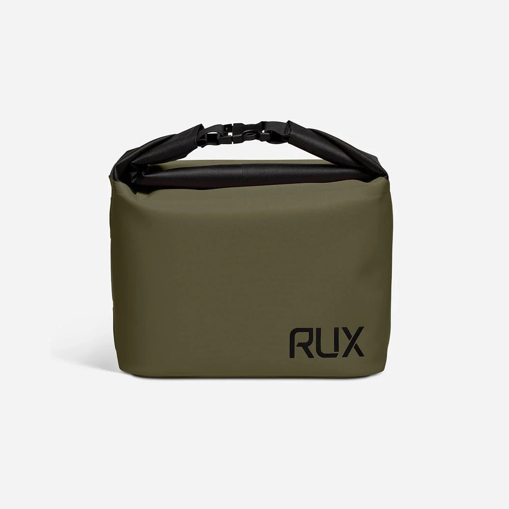 RUX 5L Cooler in olive green, front view with black roll-top handle and RUX logo.