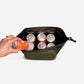 RUX 5L Cooler in olive green shown open with beverage cans inside.