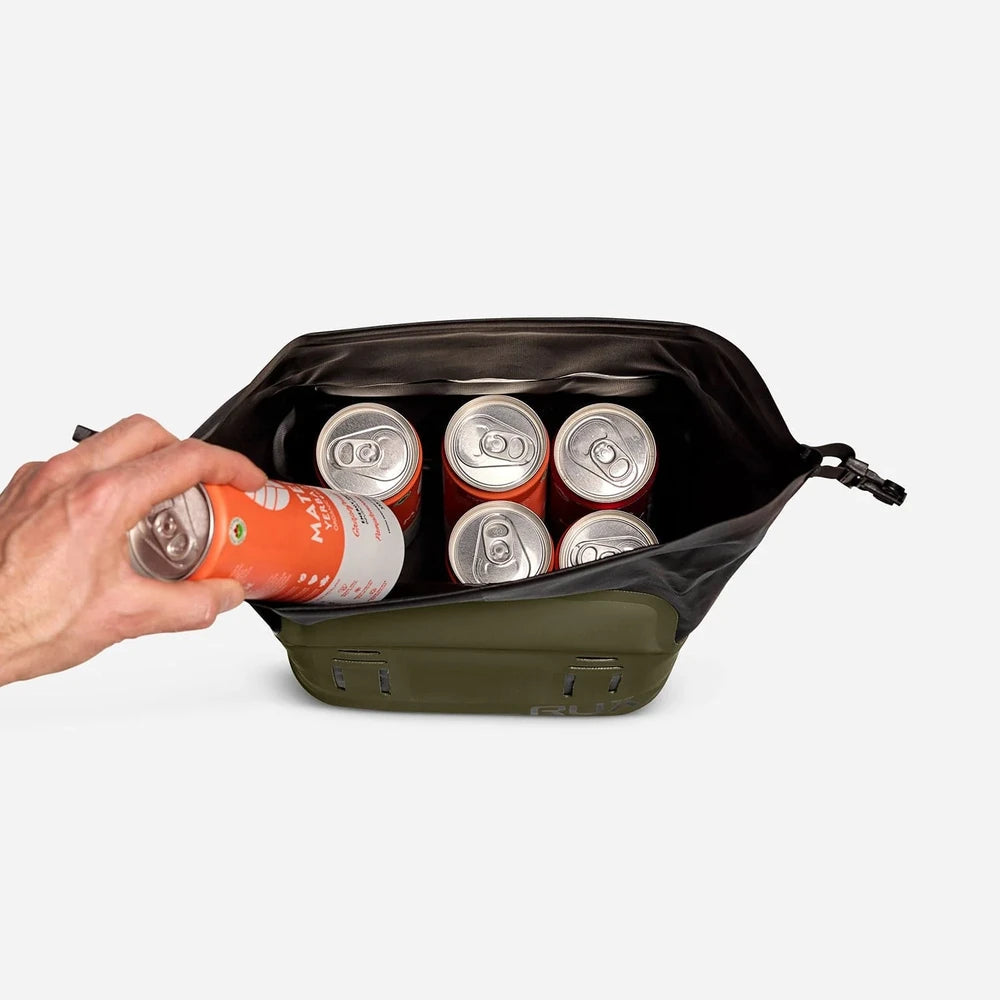 RUX 5L Cooler in olive green shown open with beverage cans inside.