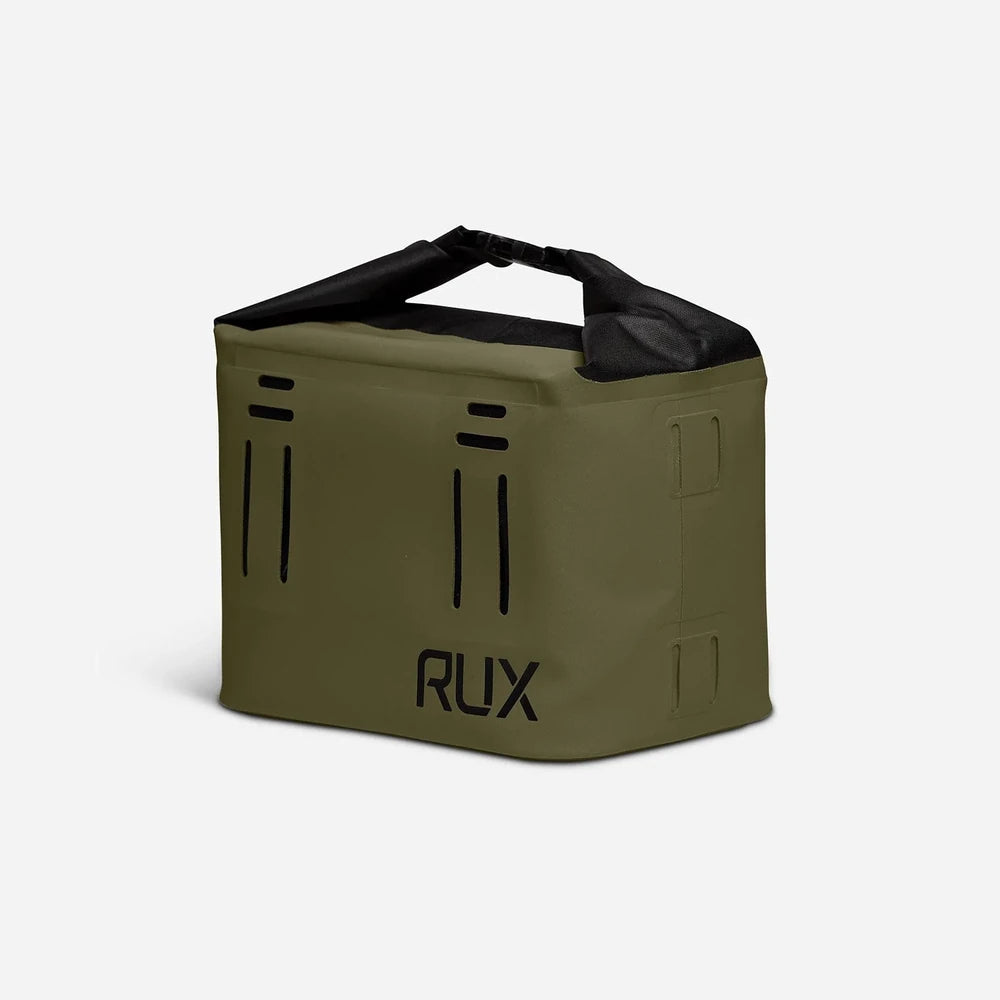 RUX 5L Cooler in green angled side view showing roll-top closure and side slots.