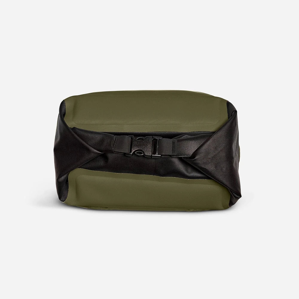 RUX 5L Cooler in olive green, top view showing black buckle closure and roll-top design.
