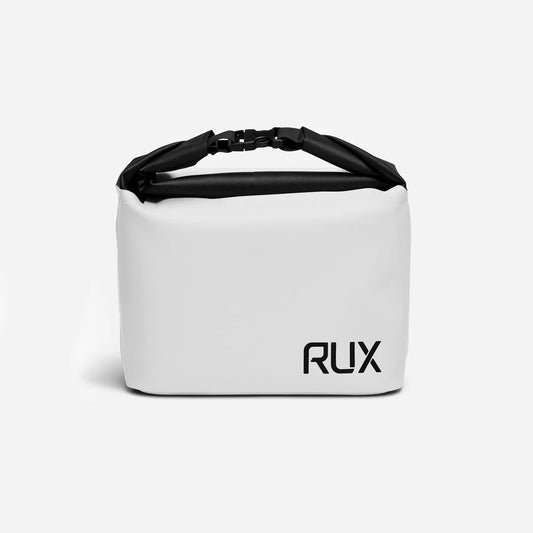 RUX 5L Cooler in white, front view with black roll-top handle and RUX logo.
