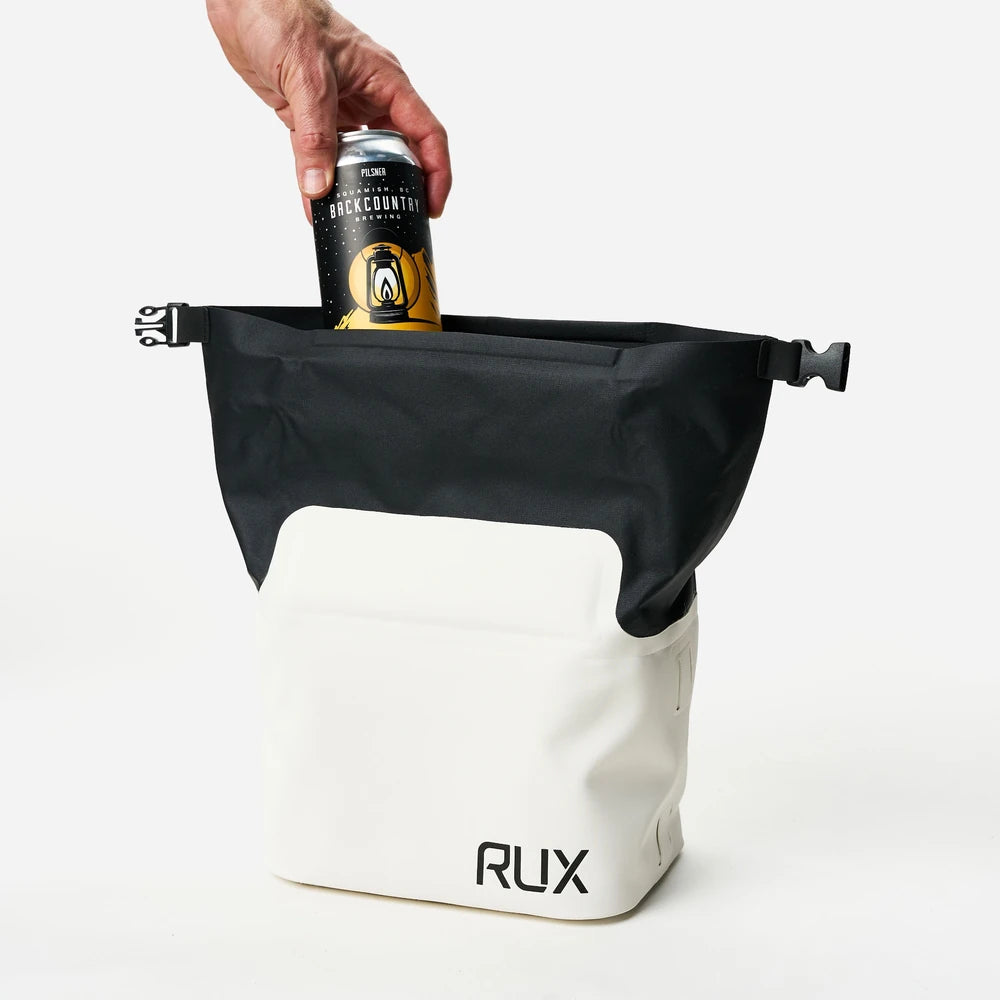 RUX 5L Cooler in white, angled side view showing roll-top closure and side slots.
