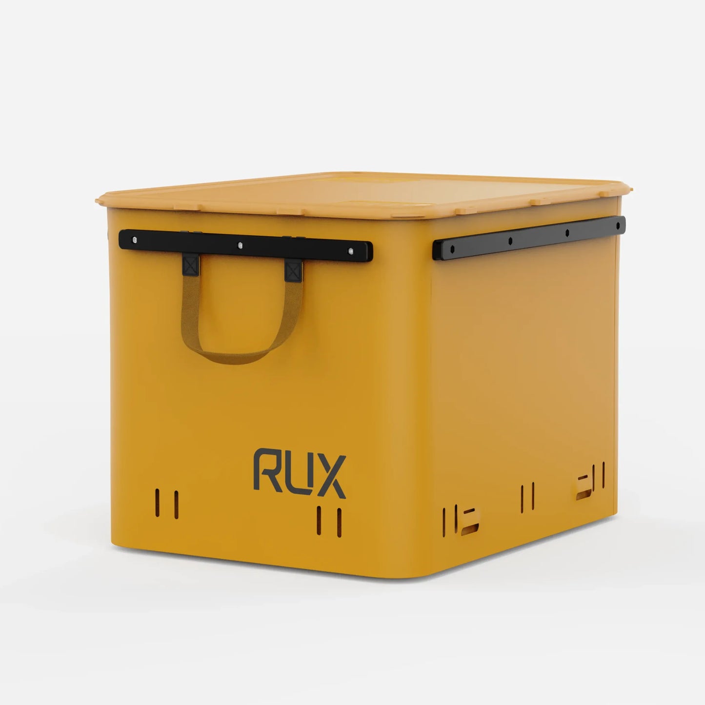 Rux 70L Press-Seal bronze container clean angled view with closed lid, reinforced rails, and front carry handle.
