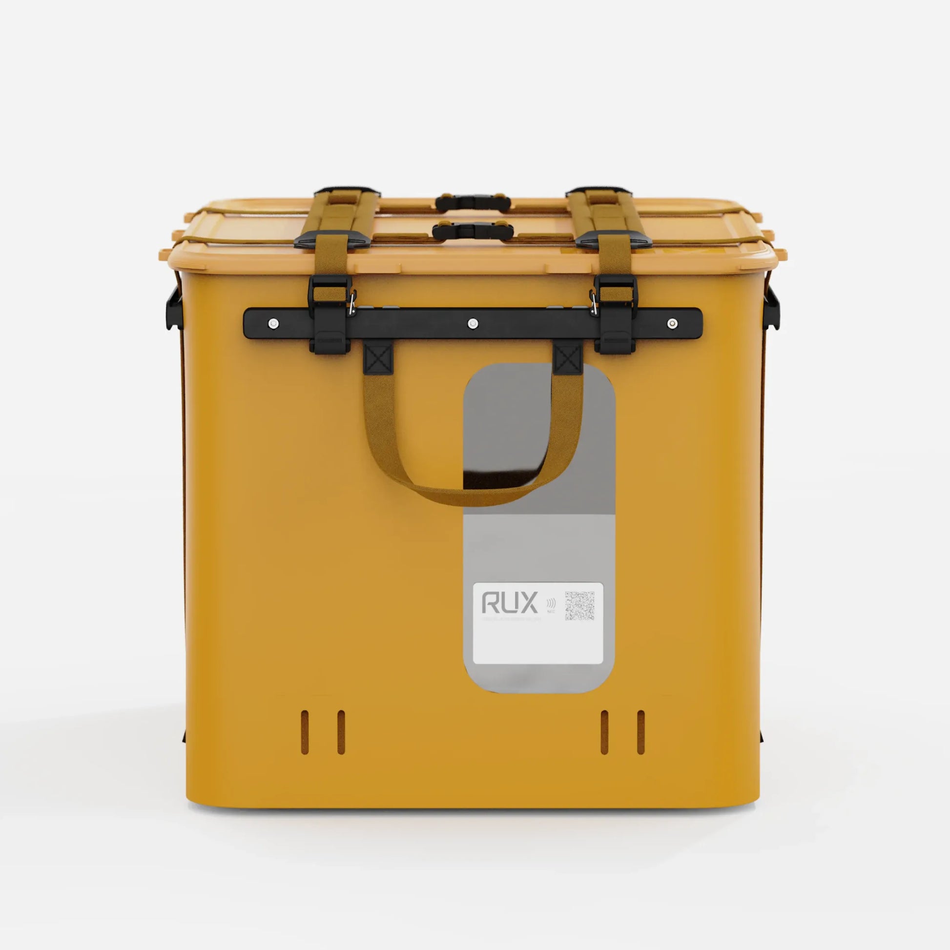 Rux 70L Press-Seal bronze container front view with transparent ID window, handle, lid straps, and durable gear storage body.