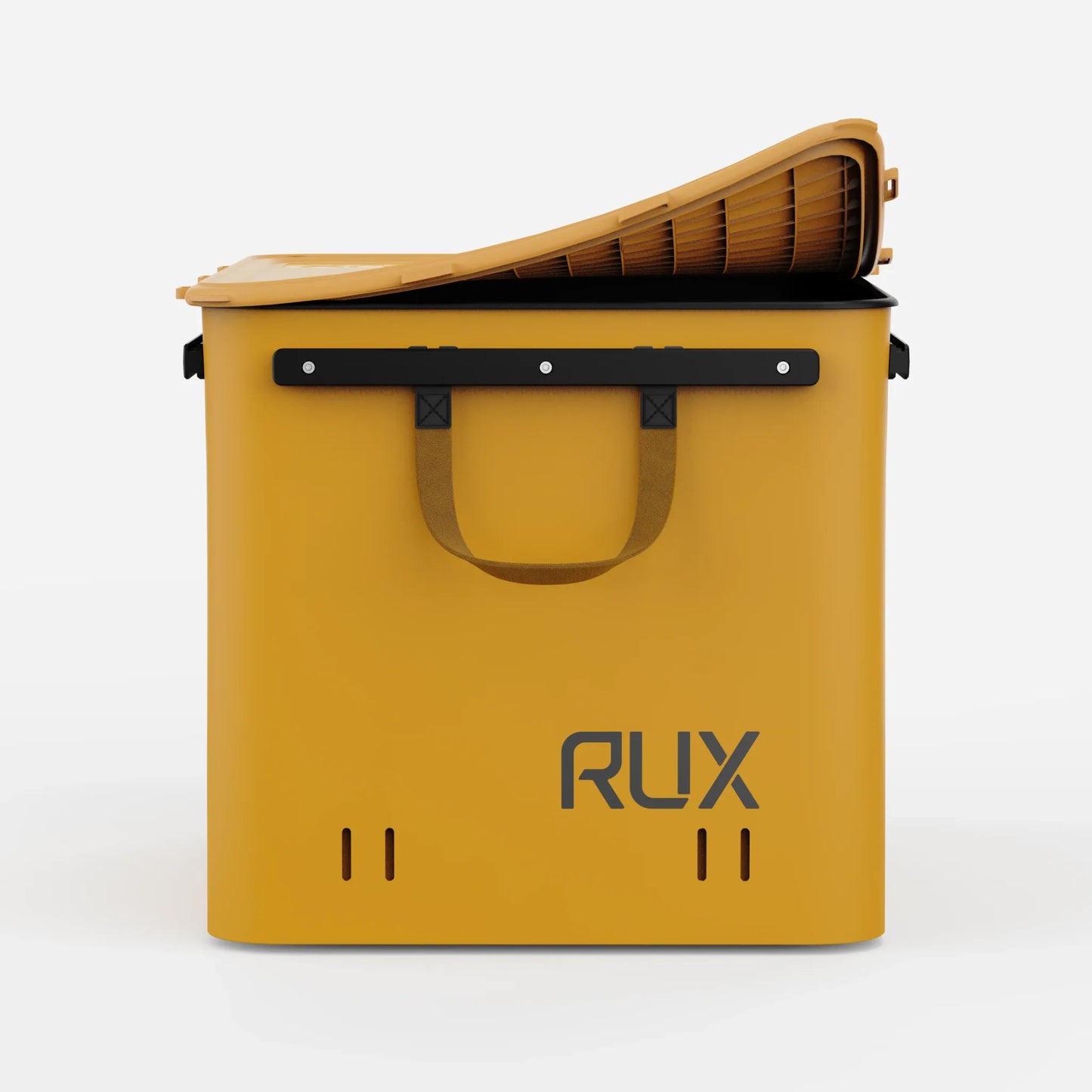 Rux 70L Press-Seal bronze container partially open with flexible press-seal lid, carry handle, and hard-sided storage body.