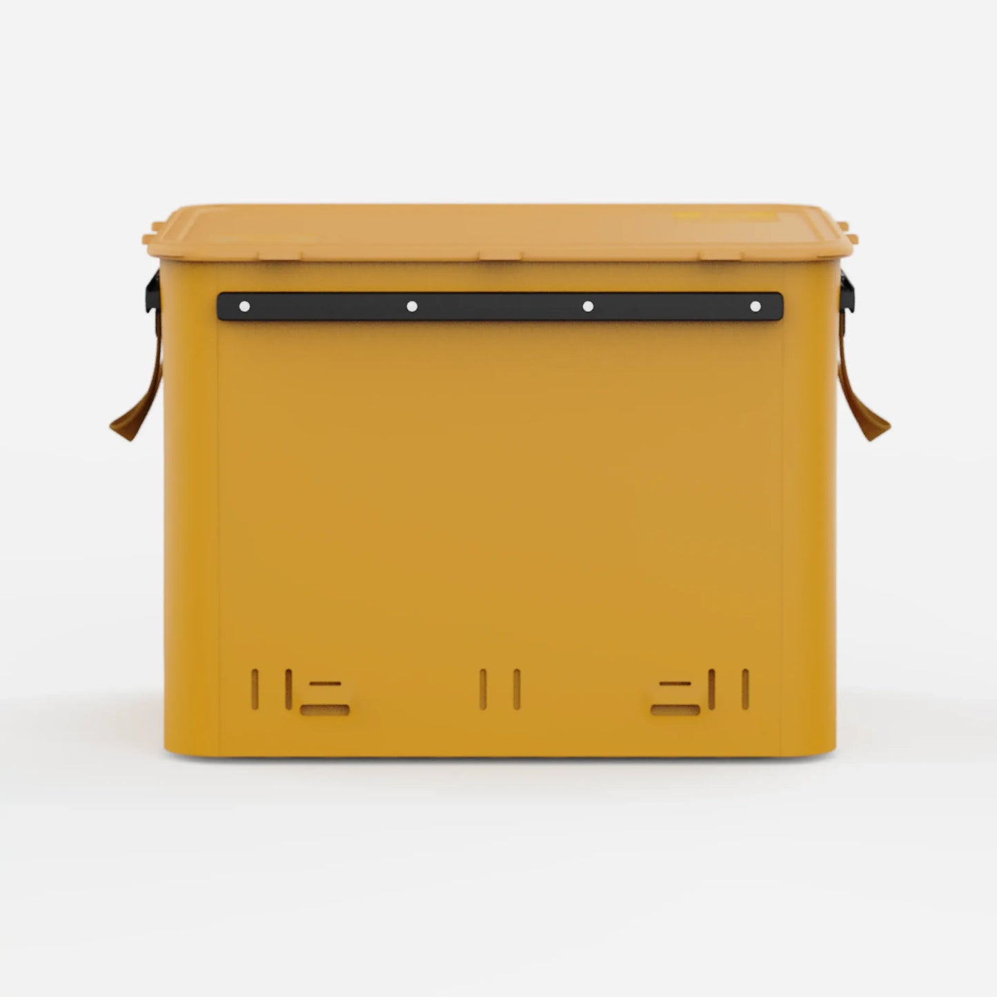 Rux 70L Press-Seal bronze container rear panel view showing streamlined hard-sided body, reinforced rail, and vent slots.