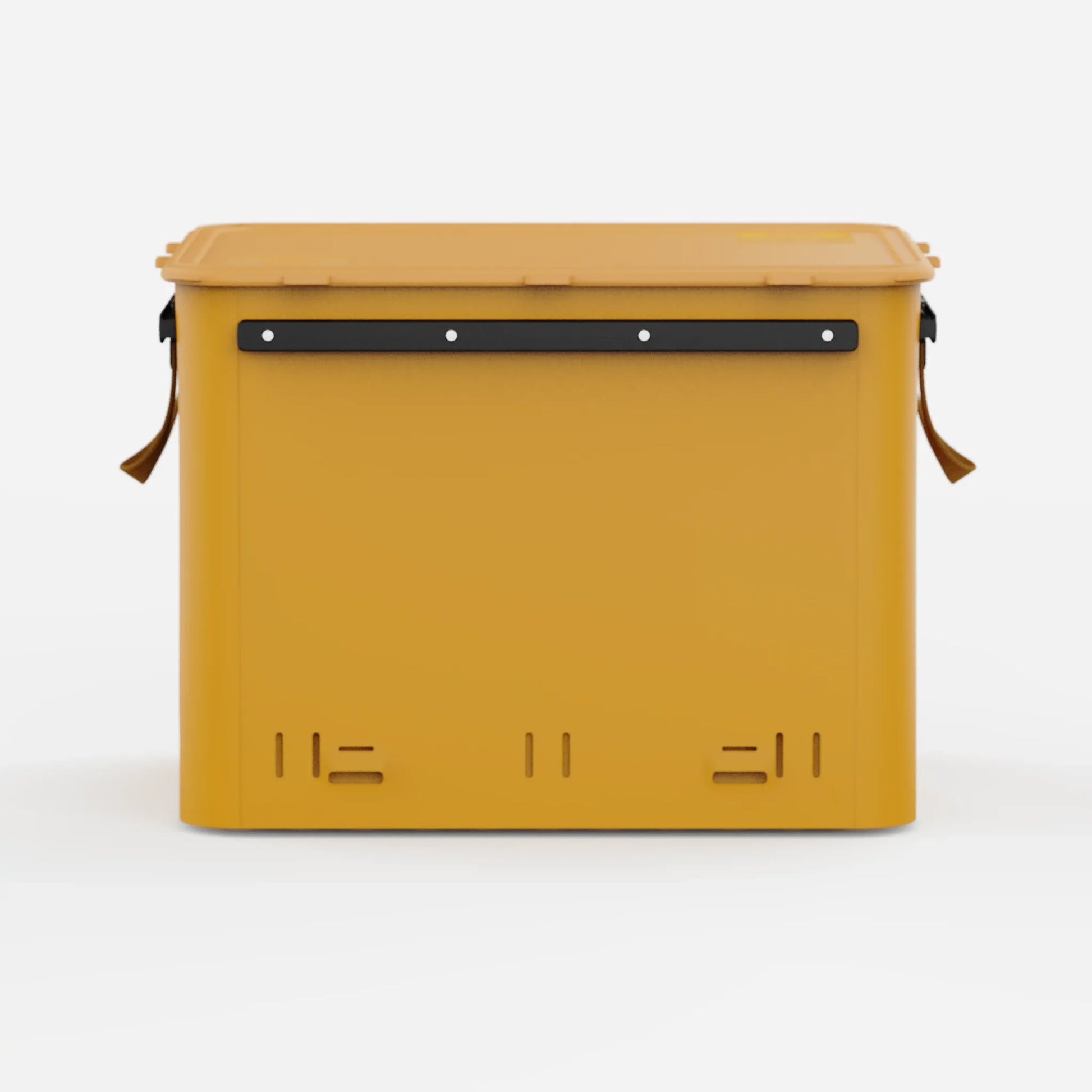 Rux 70L Press-Seal bronze container rear panel view showing streamlined hard-sided body, reinforced rail, and vent slots.