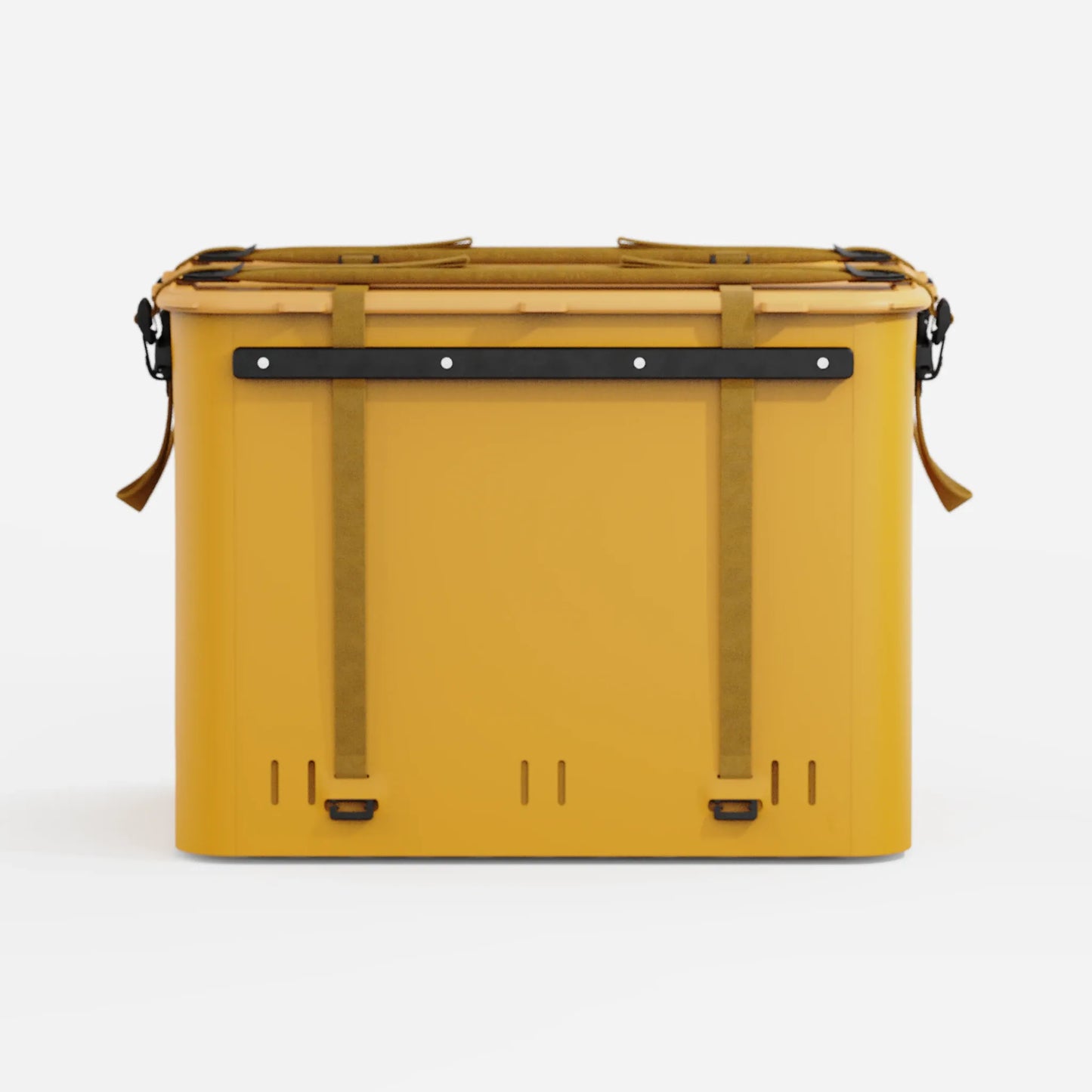 Rux 70L Press-Seal bronze container rear view showing vertical straps, black rail hardware, and reinforced storage design.