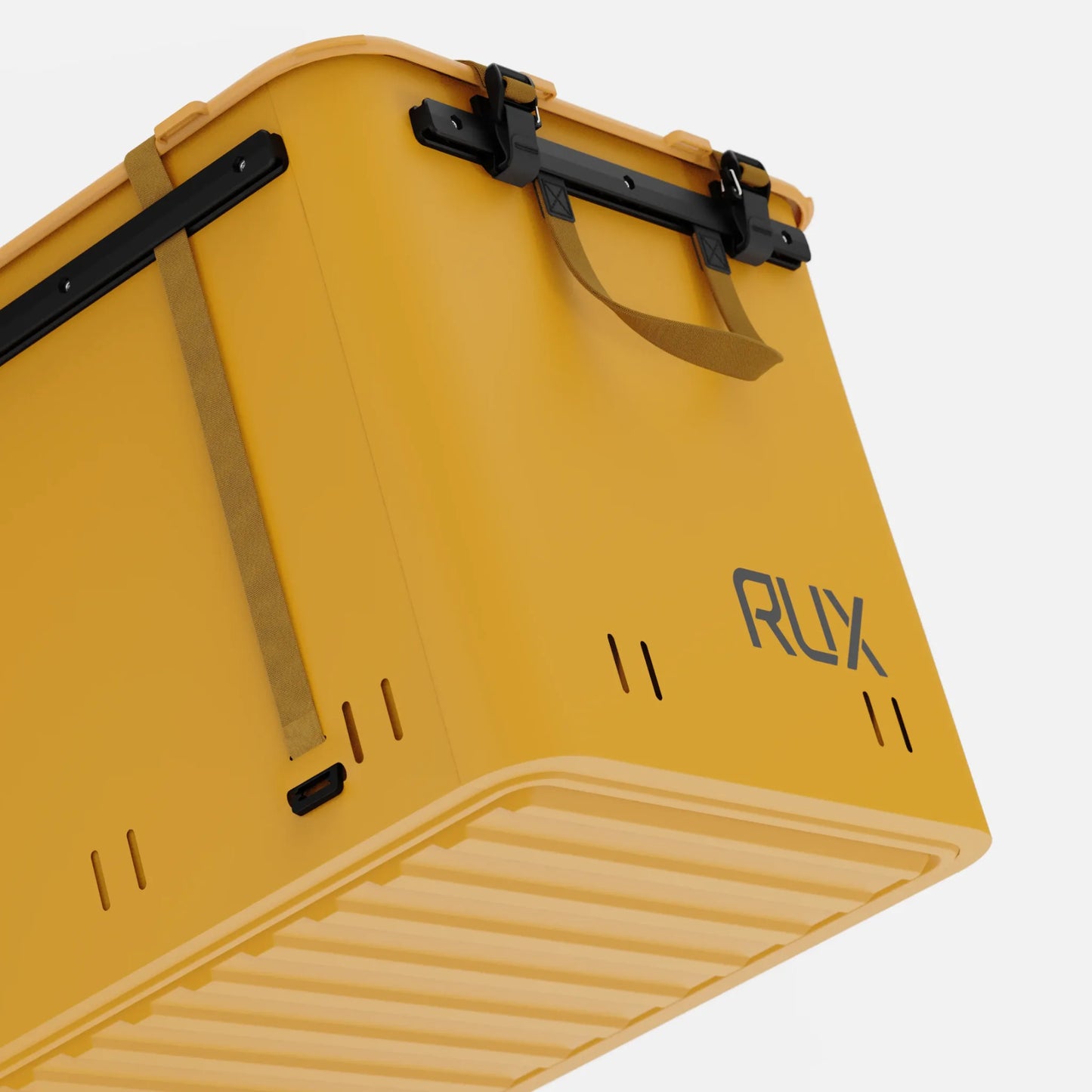 Rux 70L Press-Seal broonze container underside detail showing ribbed base, reinforced structure, and molded hard-shell construction.