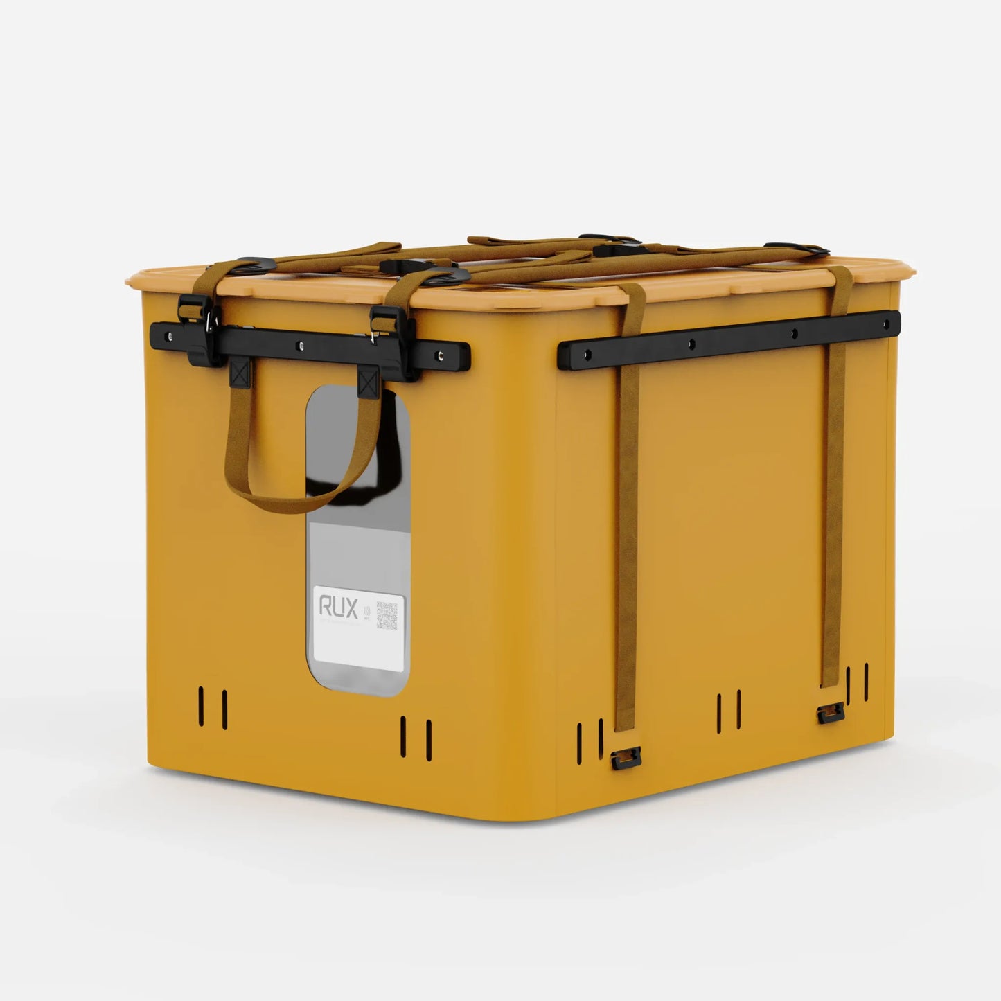 Rux 70L Press-Seal bronze container angled view featuring transparent ID window, top straps, and side compression hardware.