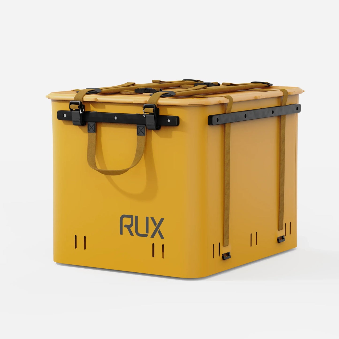 Rux 70L Press-Seal bronze storage container angled front-side view showing compression straps, side rails, and carry handle.