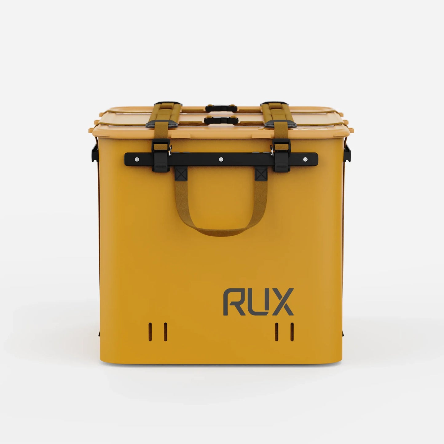Rux 70L Press-Seal bronze storage container front view with secured lid straps, carry handle, and Rux logo.