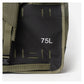 Rux DuffleBox 75L capacity detail showing rugged outdoor materials and branding