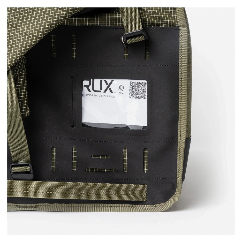 Rux DuffleBox 75L identification window detail with durable outdoor panel construction