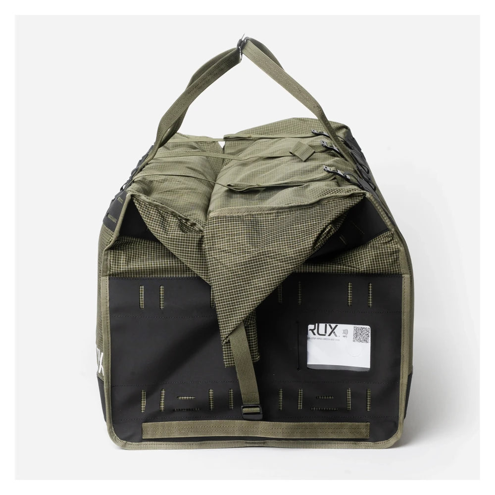 Rux DuffleBox 75L open end compartment view with roll top access