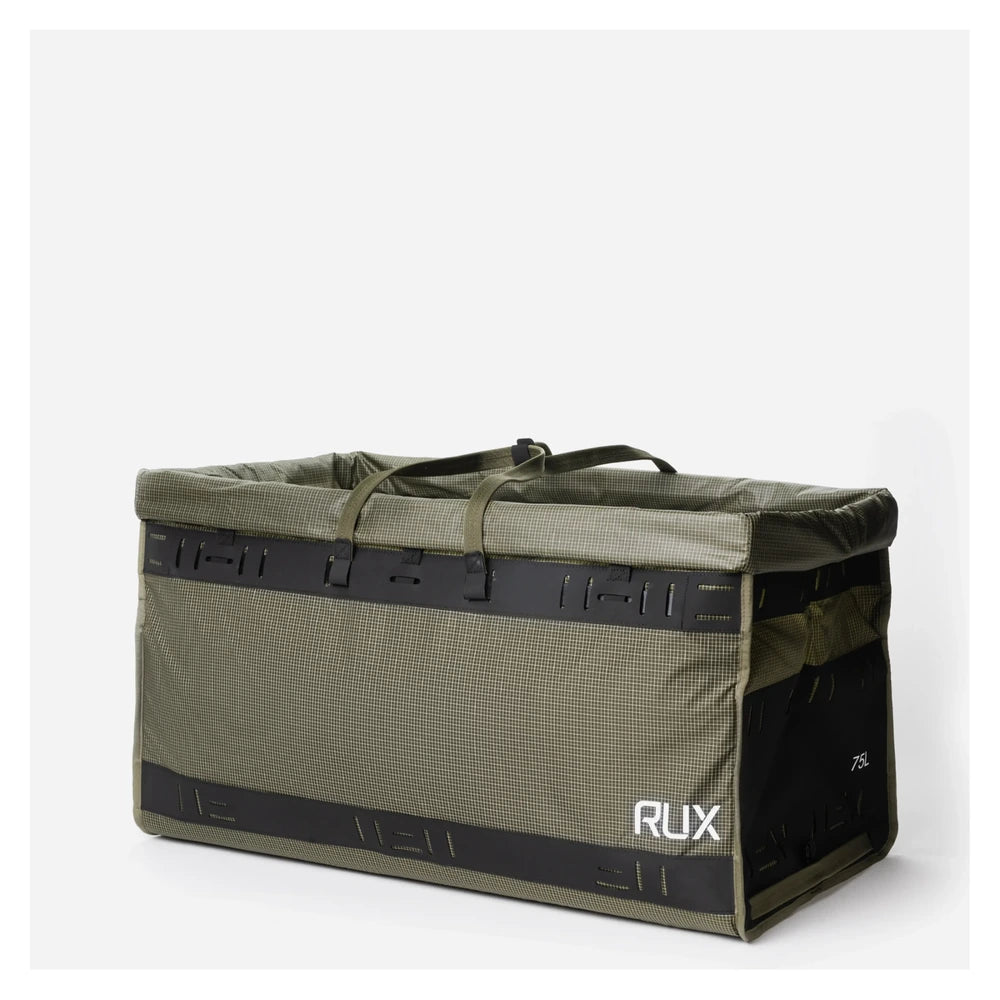 Rux DuffleBox 75L side profile storage bag with structured modular design