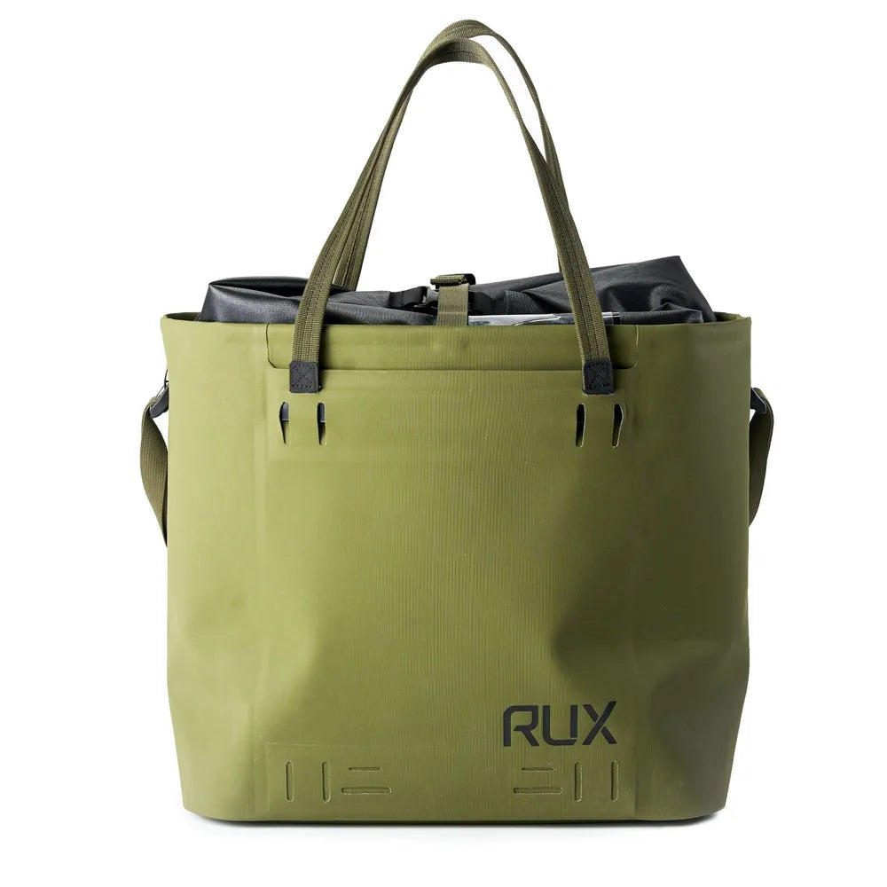 Green RUX waterproof tote bag product photo with carrying handles